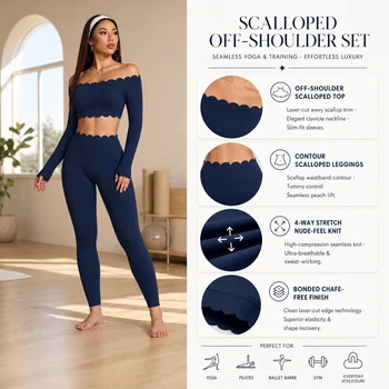 Womens Scalloped Off Shoulder Yoga Set Seamless Long Sleeve Full Length Leggings Breathable Pilates Fitness
