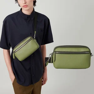 Custom Logo Pebble Leather Green Men's Zipper Crossbody Purse Shoulder Messenger Bag for Men