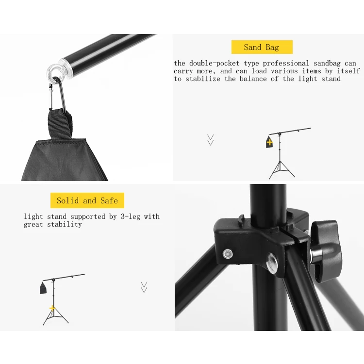 2m Light Stand 1.4m Boom Arm Empty Sandbag Photography Light Stands For