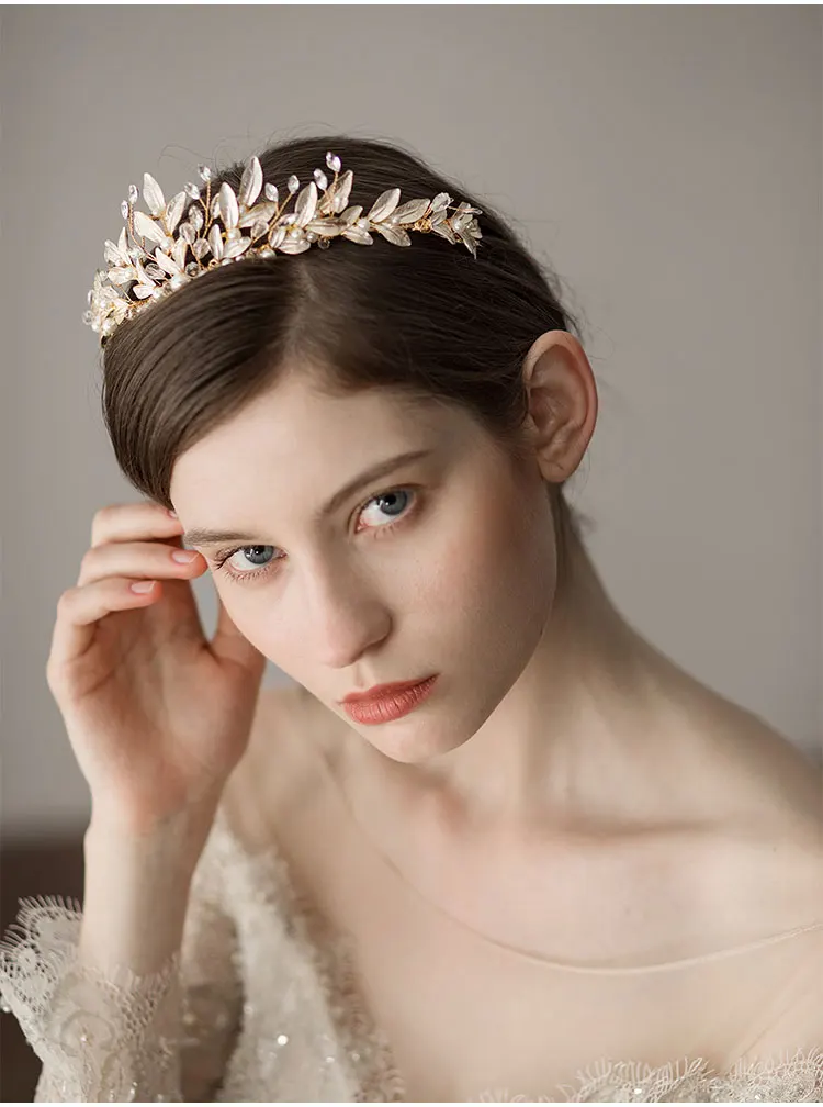 O398 Vintage Handmade Bridal Hair Hoop Alloy Leaves Crystal Pearl Bridesmaid Crown Women Gift