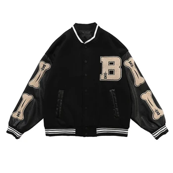 Custom Leather Chenille Embroidery Bomber Black Crew Neck Baseball Vintage Letterman Varsity Jacket for Men