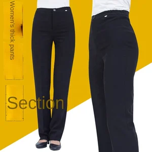Youbu Hotel Work Pants for Women Black Thickened Breathable Polyester/Cotton Straight Business Wear Full Length Mid Waist Button