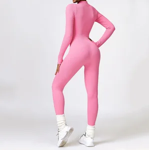 Activewear Fitness Workout Clothing One Piece Playsuit Zipper Seamless Long Sleeve Jumpsuit