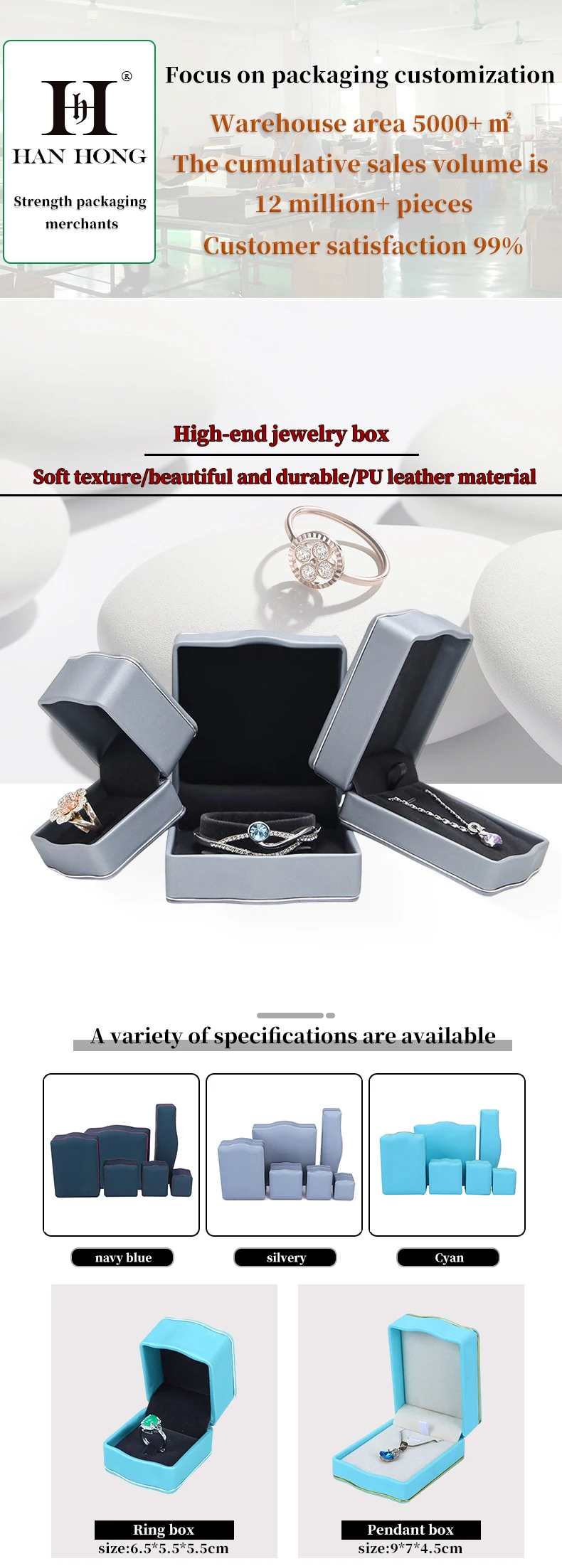 Hanhong Custom Jewellery Gift Box For Ring Necklace Bracelet Jewelry Set Packaging Grey Pu