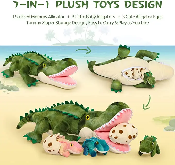 Prextex Plüsch-Krokodil-Set – Mama Mit 3 Babys, 60 Cm, Reißverschluss-Bauch, Waschbar