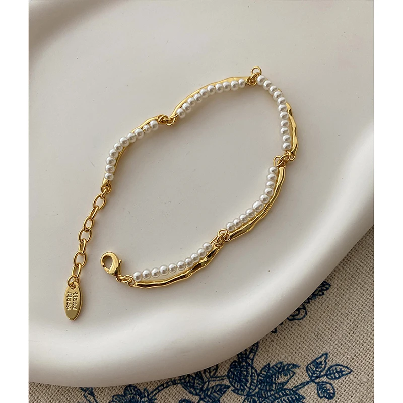 Brass 18k Gold Plated Mix Chain Beaded Pearl Bracelet Double Layered
