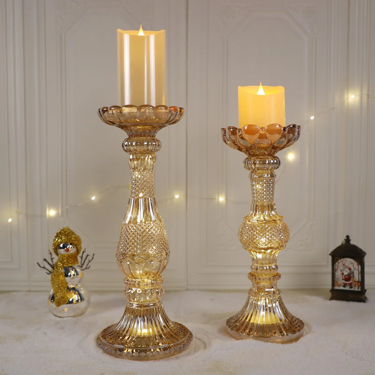 Vintage luxury home decoration tabletop tall long stem pillar clear gold ribbed glass taper candle stand stick holder set of 3 manufacture