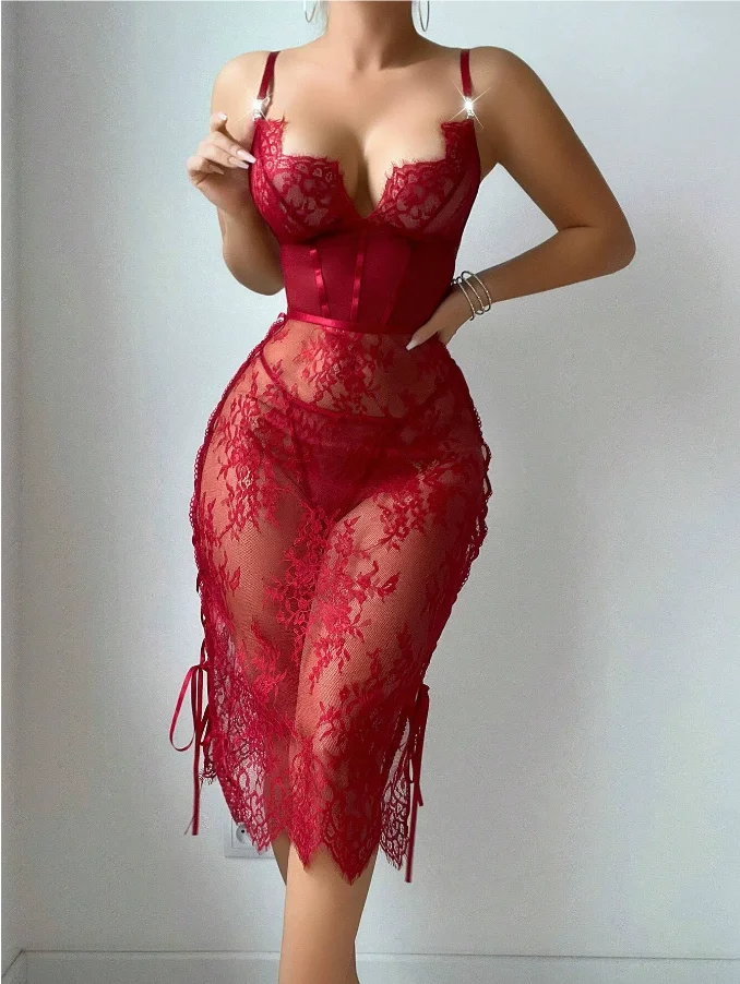 2-piece Set of See Through Lace Pajamas Sexy Lingerie Women's Sexy Long Skirt, Women's Evening Gown in Stock