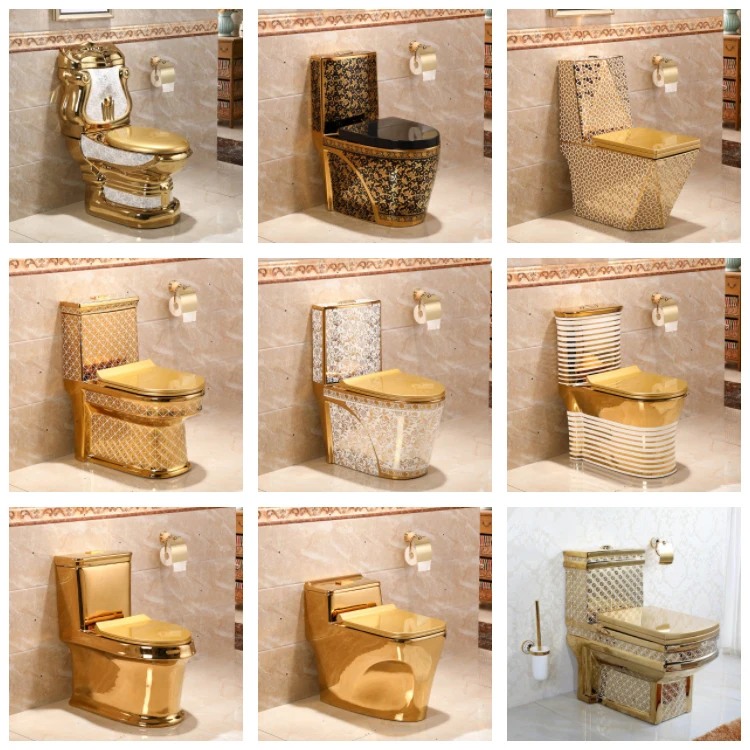 Dubai Electroplated Gold Luxury Modern Commode Toilet Bowl Bathroom Floor Mounted Elongated One-Piece Structure WC Golden Finish