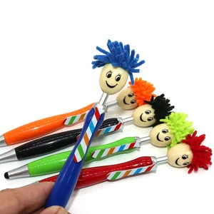 Promotional Novelty Plastic 2 in 1 Ball Pen Stylus Cute Doll Head Ball Pen with Custom logo