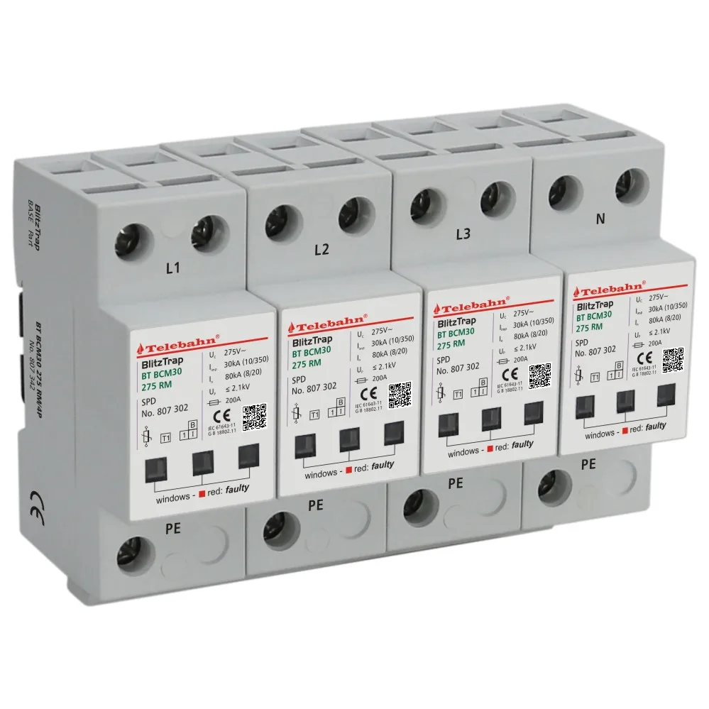 Uc275V SPD Surge Diverter AC 4P T1+T2 Iimp30kA 120kA/In80kA/Imax160kA for 3-phase TN-S( 4+0 circuit) System Surg Protection