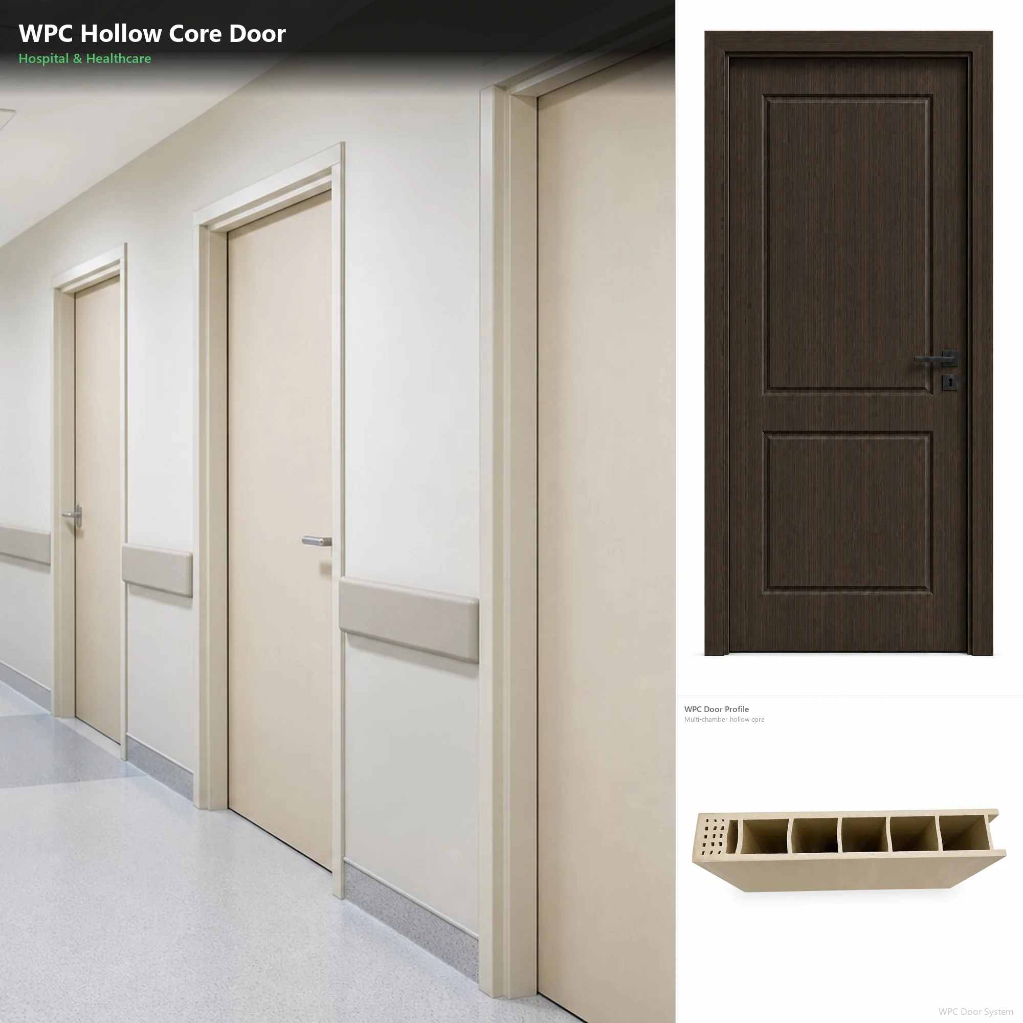 WPC Composite Interior Door Hollow Multi-Chamber Core Waterproof Soundproof Moulded Panel Frame Hotel Project