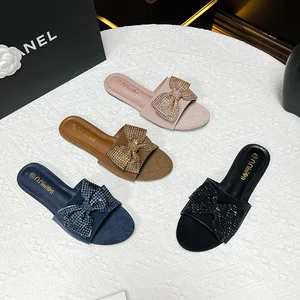 Summer Outside Wear Rhinestone Bow Flat slippers Exposed Toe High Sense Fashion Light Luxury Female Sandals