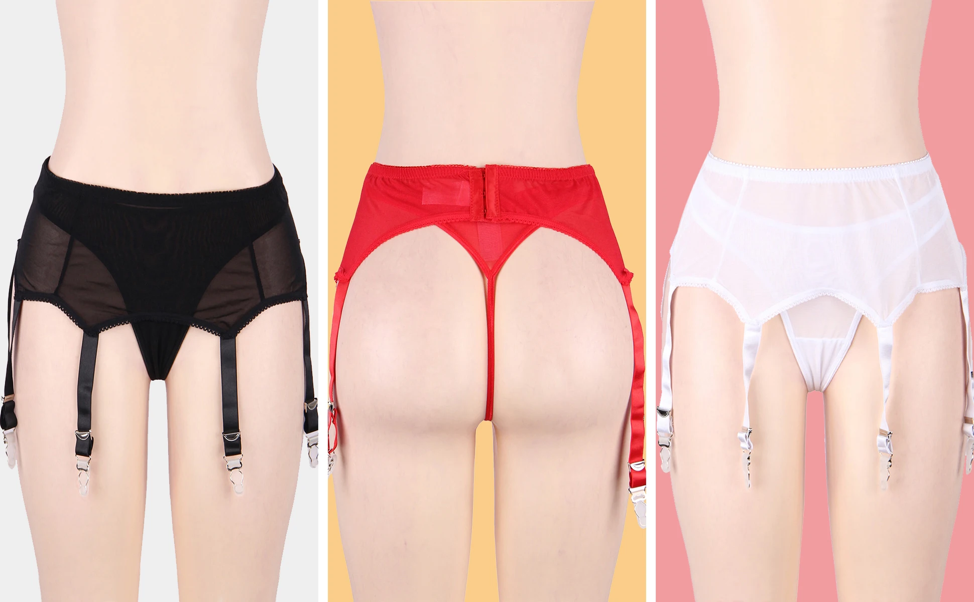 Women's Sexy Lace Garter Panty New Design Widened Rubber Straps Stainless Steel Metal Fastener Solid Pattern Black Knitted Weave