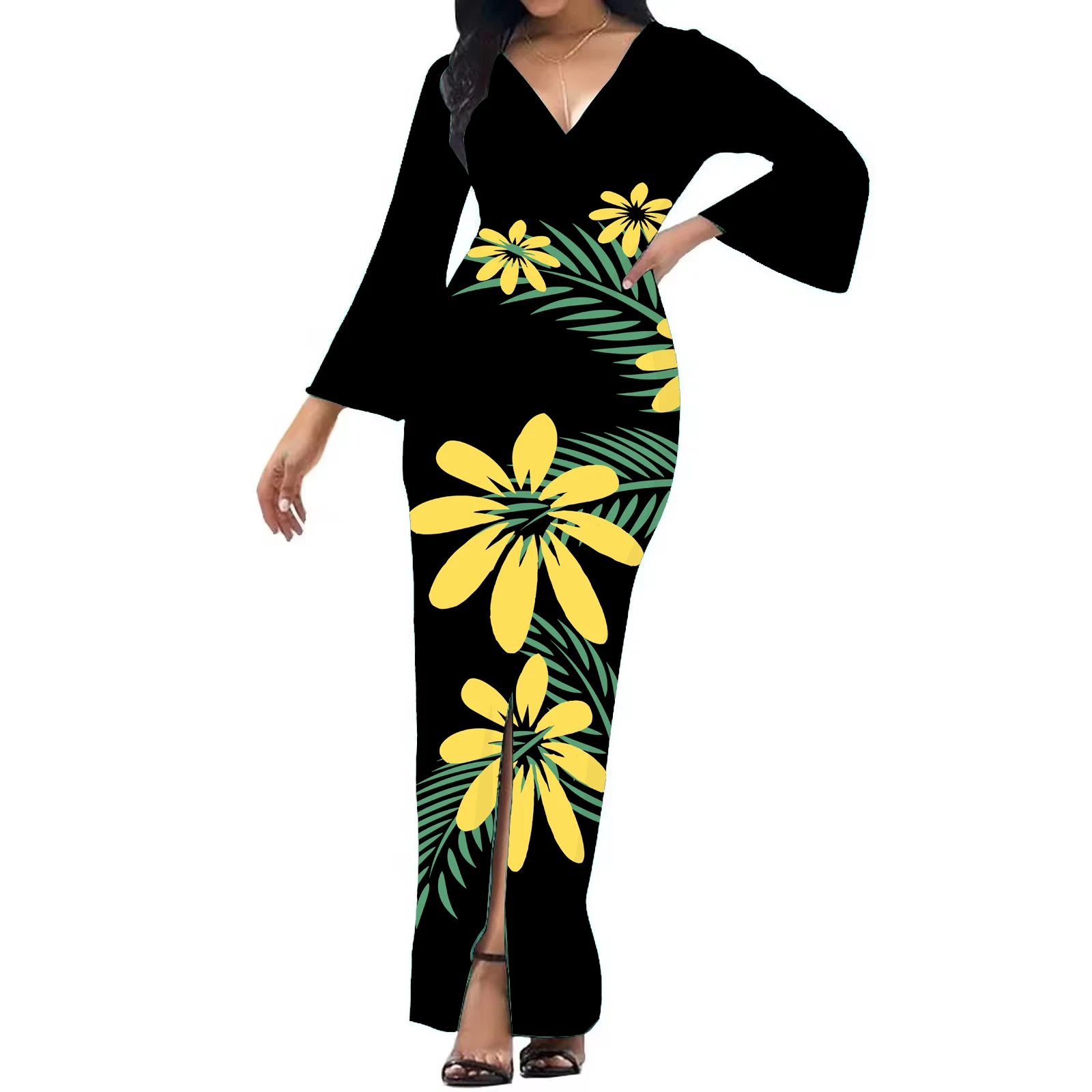Pacific Island Art Design Custom Personality Fashion Big Size 8XL Women's  V-neck Split Party Dress Elegant Party Sheath Dress