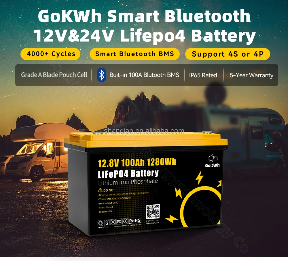 GoKWh 24V 100Ah LiFePO4 Battery Built-in Smart Bluetooth & LCD