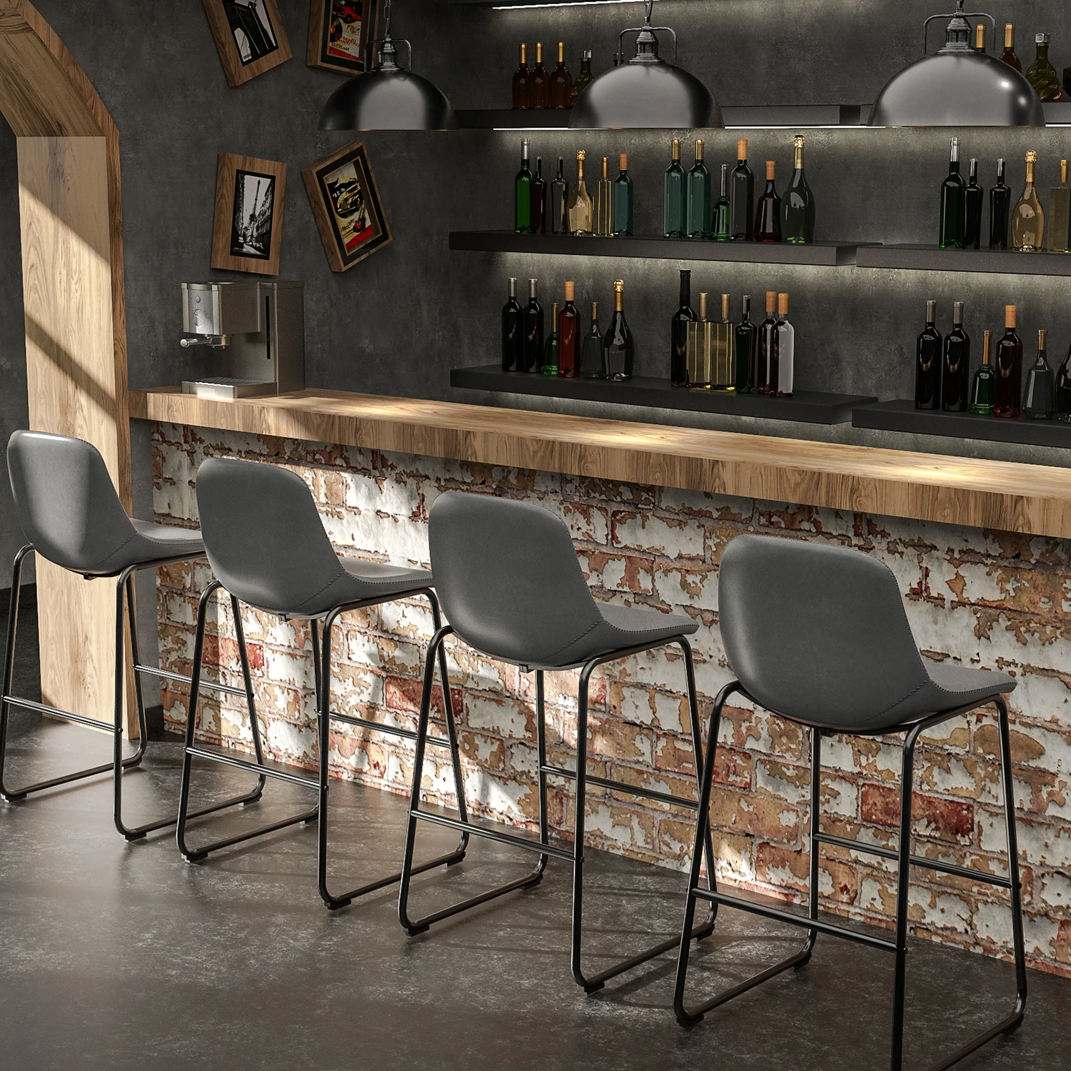 Pu Leather Bar Stools With Back And Footrest Set Of 4 Grey Modern Bar