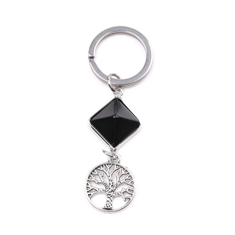 Amethyst Crystal Pyramid Life Tree Pendant Detachable Keychain White Crystal Opal Tiger Eye Stone Pyramid Key Rings Accessories