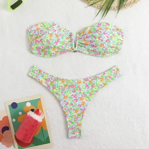 Sexy Floral Double Printed Breathable V Neck Bikini Set for Women with Underwire Bandeau Top and Thong Bottom