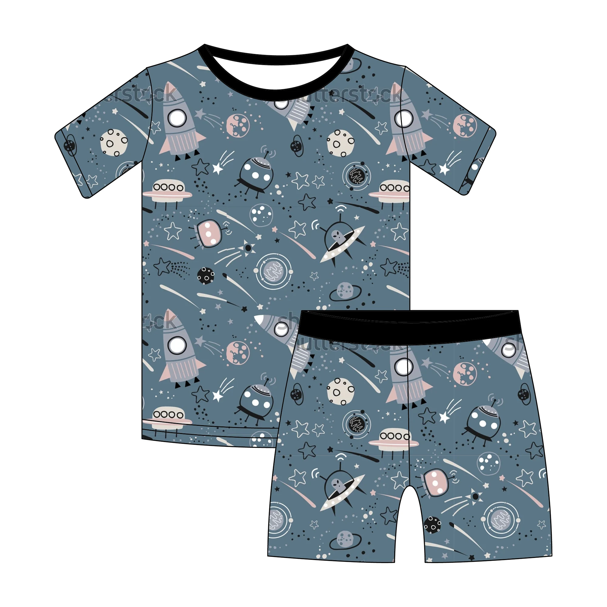 LOW MOQ Custom Bamboo Viscose Summer Rocket Pattern Zipper Pajamas