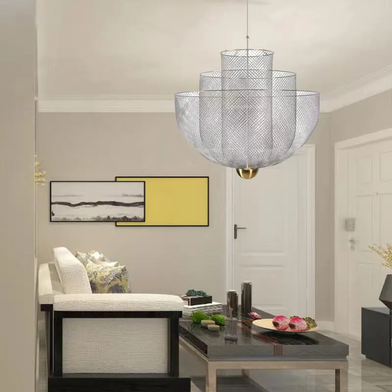 Iron Art Mesh Chandelier Metal Grid Pendant Light Italy Design Led Hang Lamp for Dining Room Restaurant
