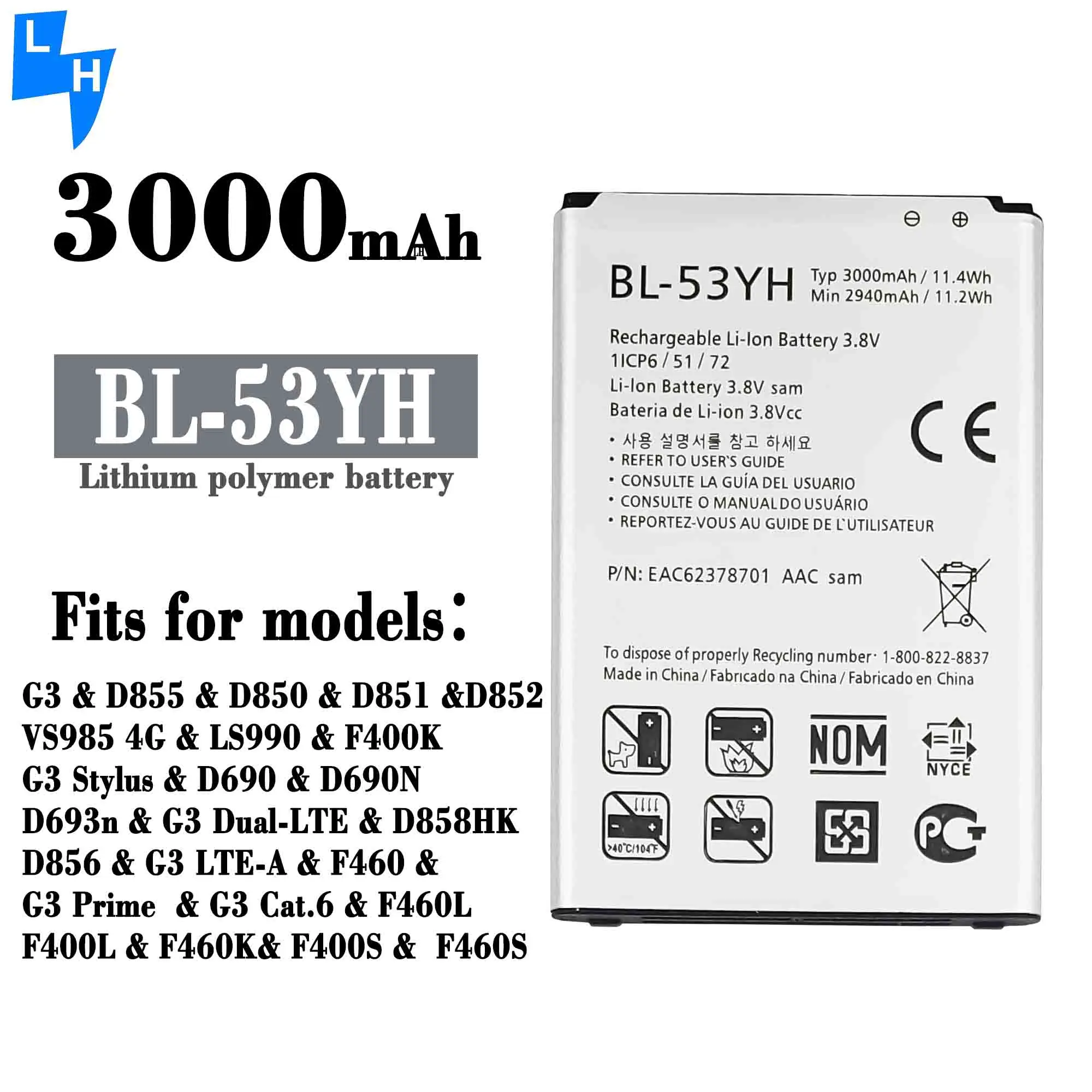 Original Replacement Li-ion Polymer Battery BL-53YH for LG G3 VS985 F400  Mobile Phone Battery