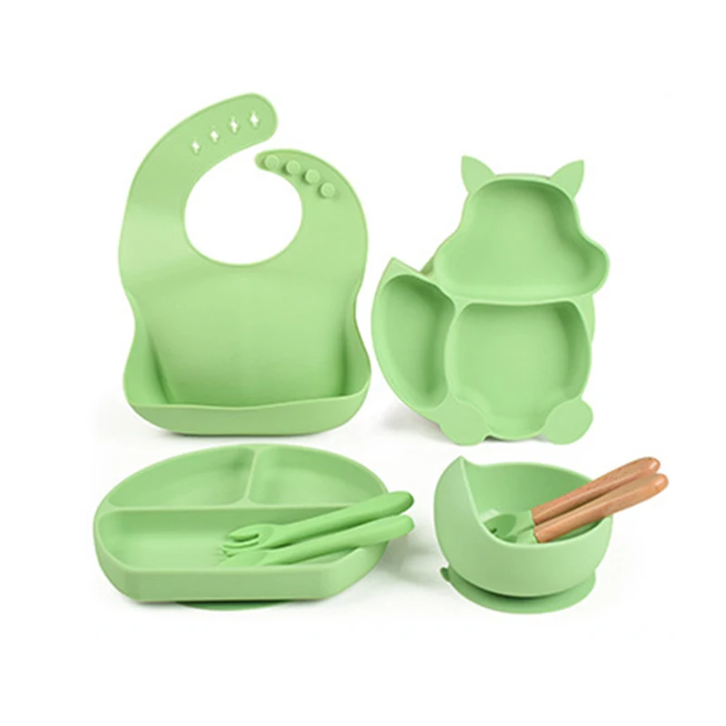 Animal Shape Strong Suction Silicone Plate Spoon Fork Bib Set Feeding Bib Baby Silicone Tableware