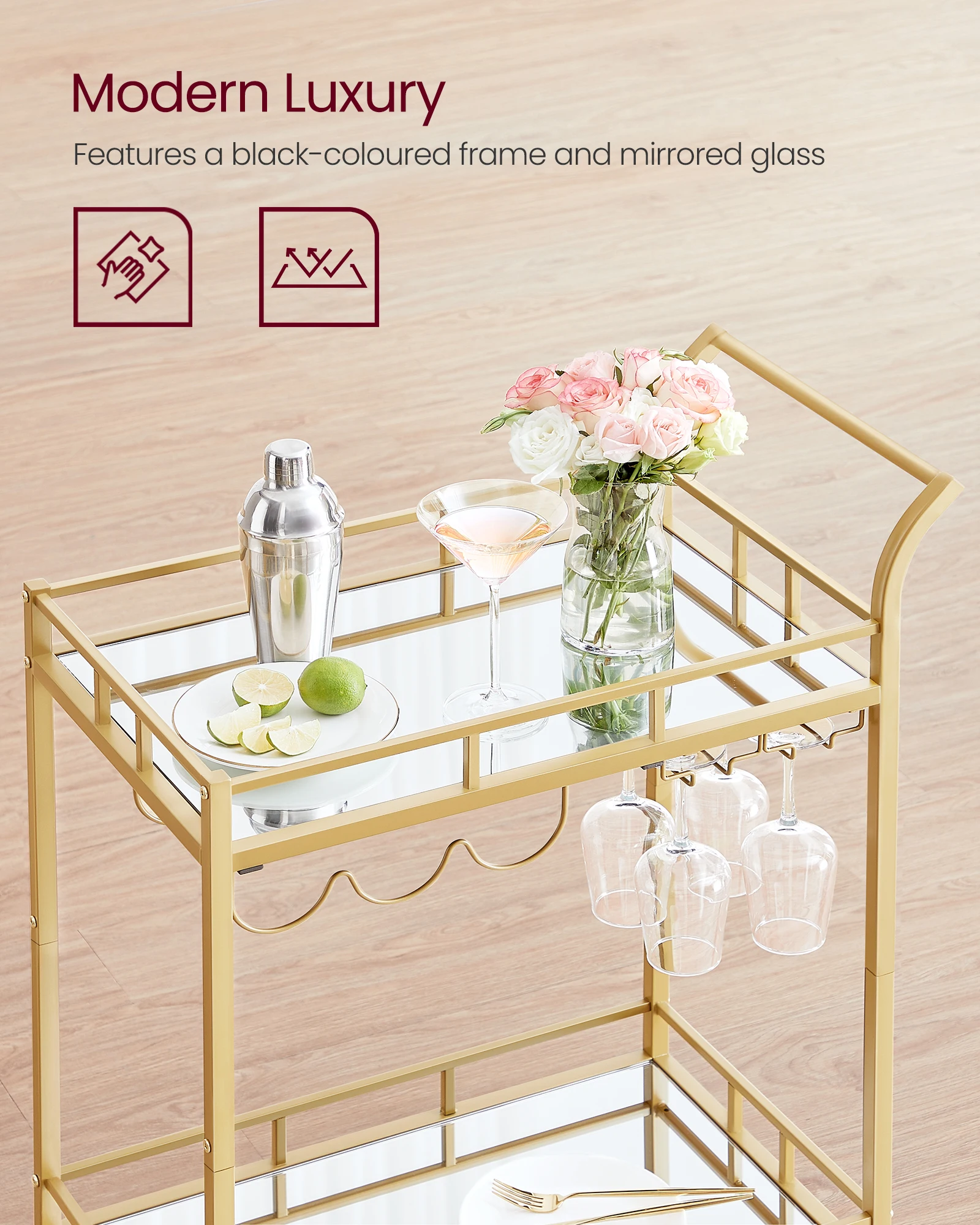 VASAGLE Cocktail Alcohol Trolley for Kitchen Dining Living Room Outdoor Serving Trolley  2 Tier Bar Cart With Wine Bottle Racks