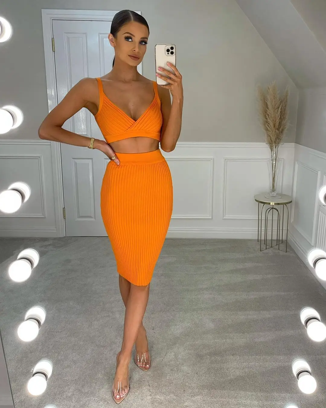 Ready to Ship Factory Price Two Piece Skirt Set Sexy Women Bandage Midi  Dress With Vest Set