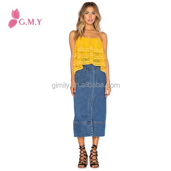 Latest Design Skirts Long Denim Skirts Elastic Waist Opening Open Fork Hem OEM Jeans Wholesale