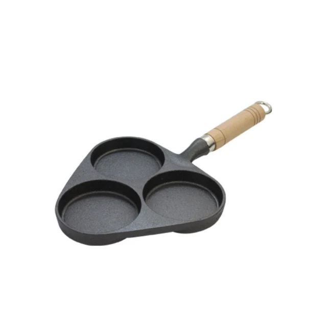 Source Cast iron skillet divided egg 3 hole tilting wooden handle