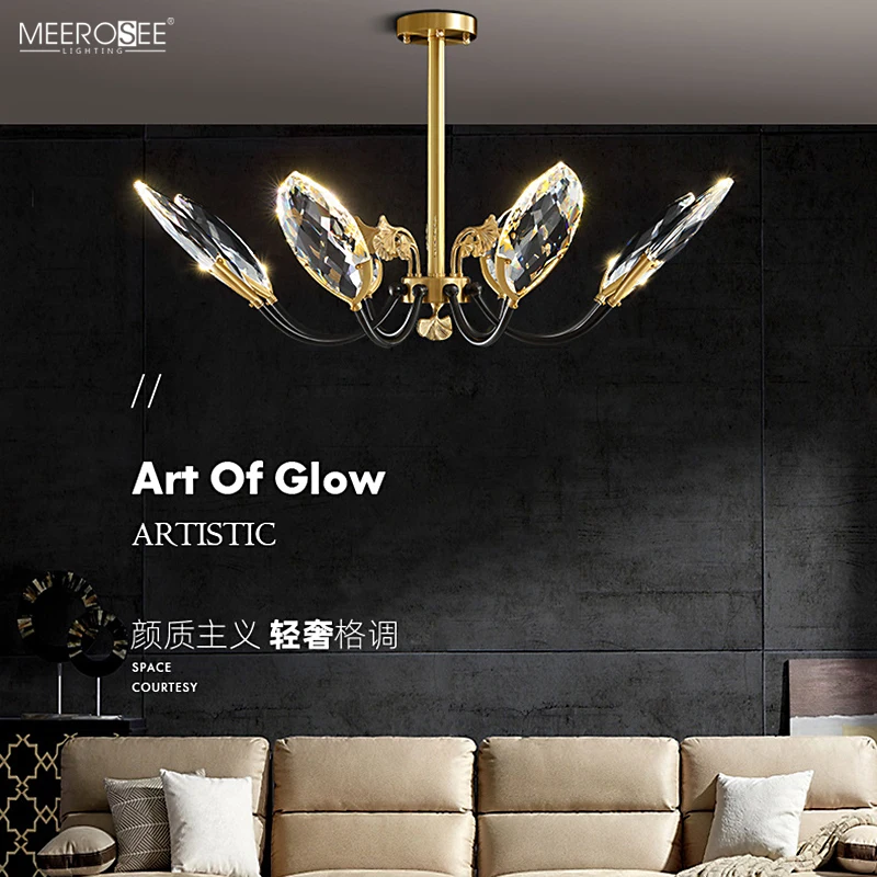 Meerosee K9 Crystal Light with Multi Faceted Cutting Copper Gingko Leaf Decoration Chandeliers Crystal 2020 MD86814