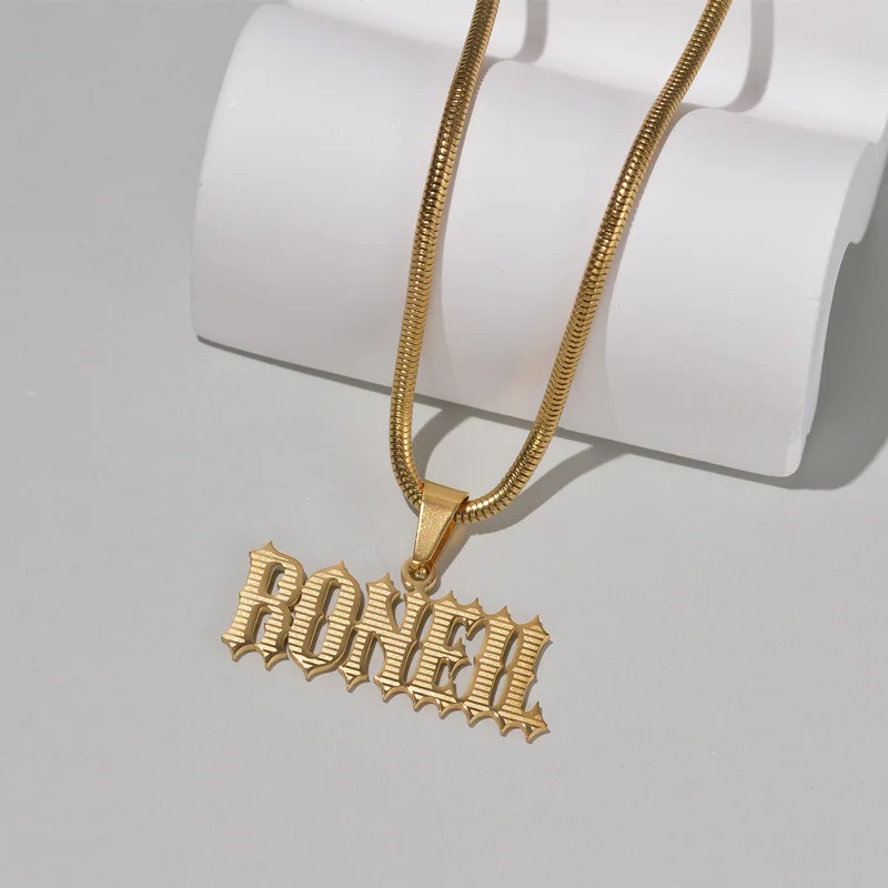 Stainless Steel Gold Plate Custom Name Plate Necklace Personalised for Women Men Thick Popcorn Chain