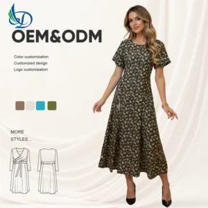 Women's Summer Casual Dress Short Sleeved Printed Round Neck Floor Length Skirt Solid Color Women's Style