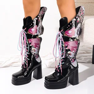BUSY GIRL WFS1013 High Heels Knee-high Boots Colorful Stitching Street Style Round Toe Front Lace-up  Women's Platform Boots