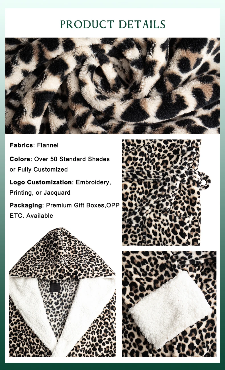 Factory Custom Amazon Leopard Print Satin Pajamas Knee-Length Hooded Bathrobe Quick Dry for Home or Sleepwear in Winter