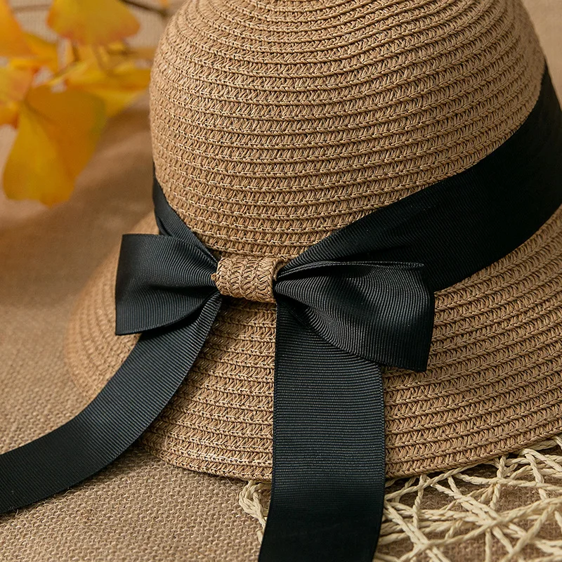 WomenS Summer Foldable Straw Hats with Bowknot Ribbon Black 