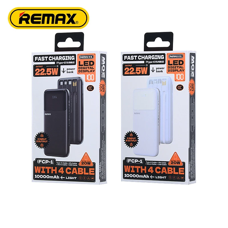 Remax FCP-1/2 Custom Fast Charging 20000mAh Power Banks With Digital Display Portable 10000mAh Power Bank with Cable