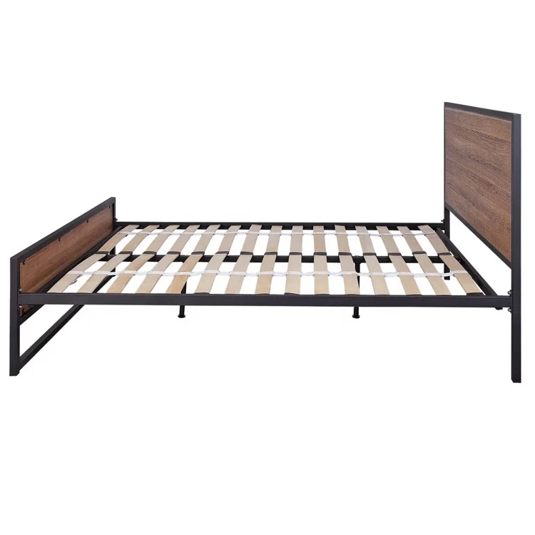 Square Tube Metal Bed Frame With Wood Platform Design Headboard And ...