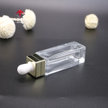 Premium 30ml Transparent Glass Oil Bottles Gold Droppers 1oz Long Square Hair Oil Bottles Inner Plug Face  Eye Essence