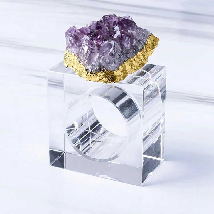 2021 Holiday Fancy Dinner New Cheap Rectangle Hand Made Gemstone Druzy Purple Amethyst Gold Plated Glass Napkin Ring for Wedding