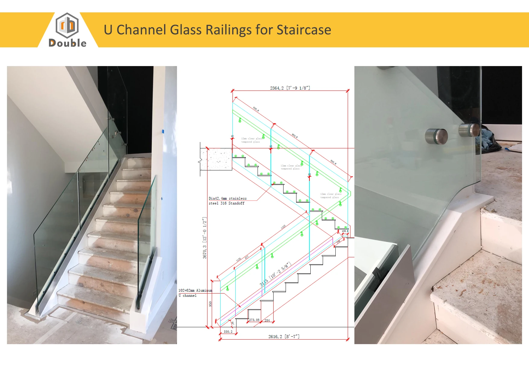 High Quality Stair Railing Kits U Channel Railings Interior Glass Balustrade Toughened Glass details