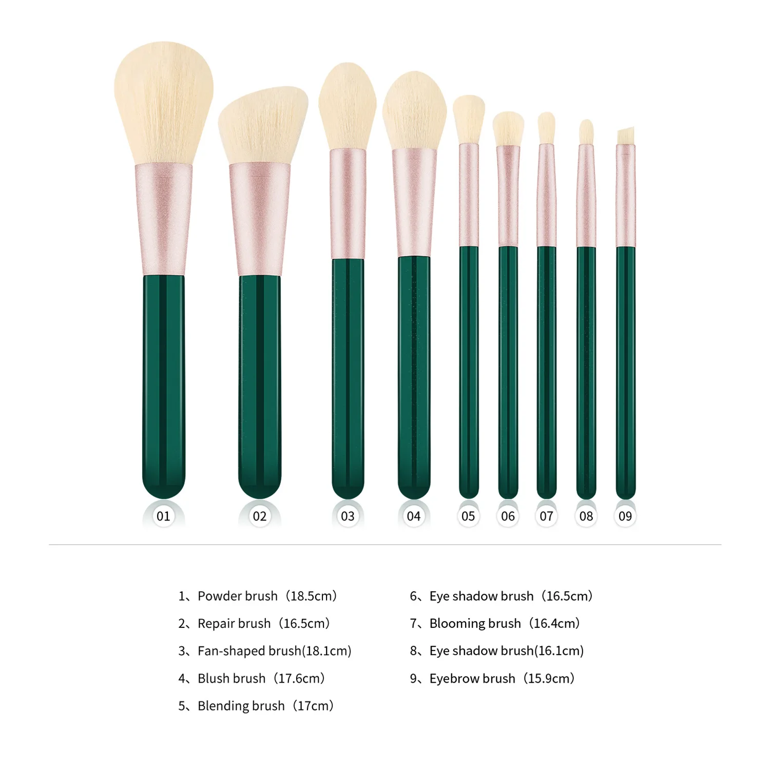 9 шт. кистей для макияжа с логотипом на заказ, черновато-зеленая ручка, белая щетина, подарок на день матери, набор кистей для макияжа