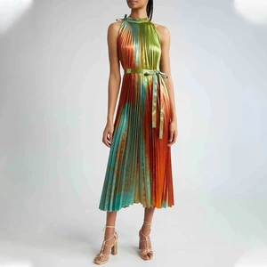 Multi Pleated Dress Women Casual Midi Dresses for Lady Sleeveless Summer Vestidos