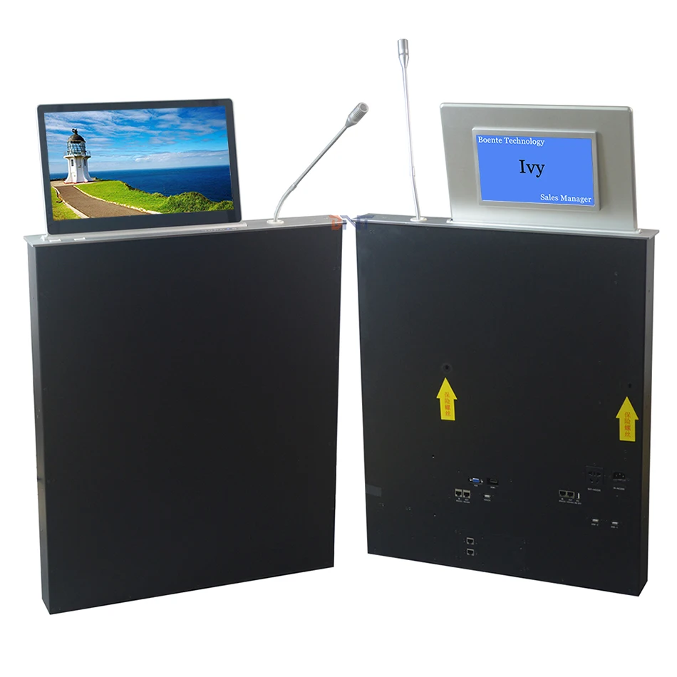 Build in Microphone Desk Hidden Pop up Lcd Monitor Lift Integrated Retractable 17.3" Screen With Name Display