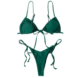 2026 Women's Sexy Solid Pattern Bikini Set Push Swim Suit with Thong Brazilian Bathing Suit Pure Color Swimsuit