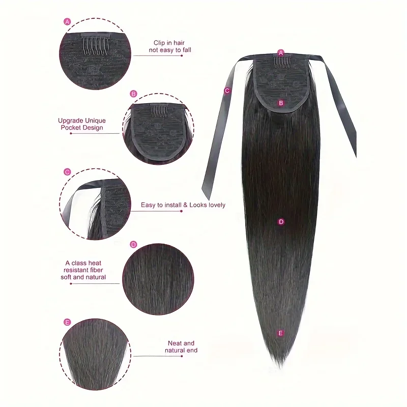 Extension per capelli umani con coda di cavallo dritta e nastro per donne da 10 a 30 pollici_voghion.com