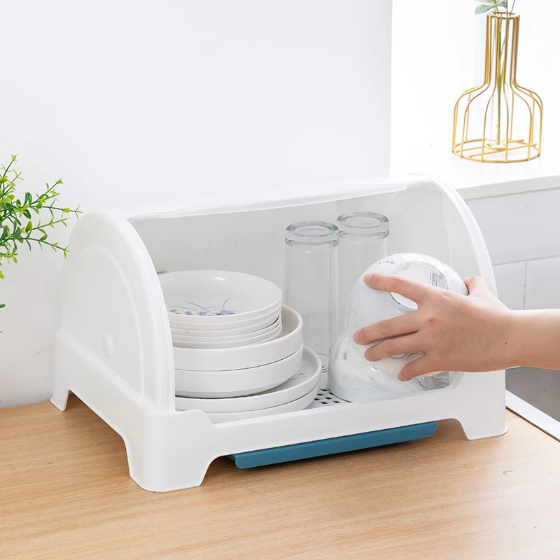 Slide Cover Dish Rack Kitchen Storage Containers Plastic Kitchen Dish Rack Bread Box Dish Drying Rack With Draining Tray