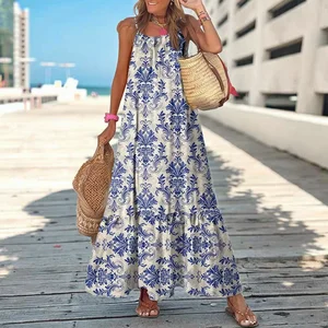 Women's Summer Floral Boho Maxi Dress Scoop Neck Smocked Ruffle Flowy Dress with Square Collar Casual Style Digital Printing