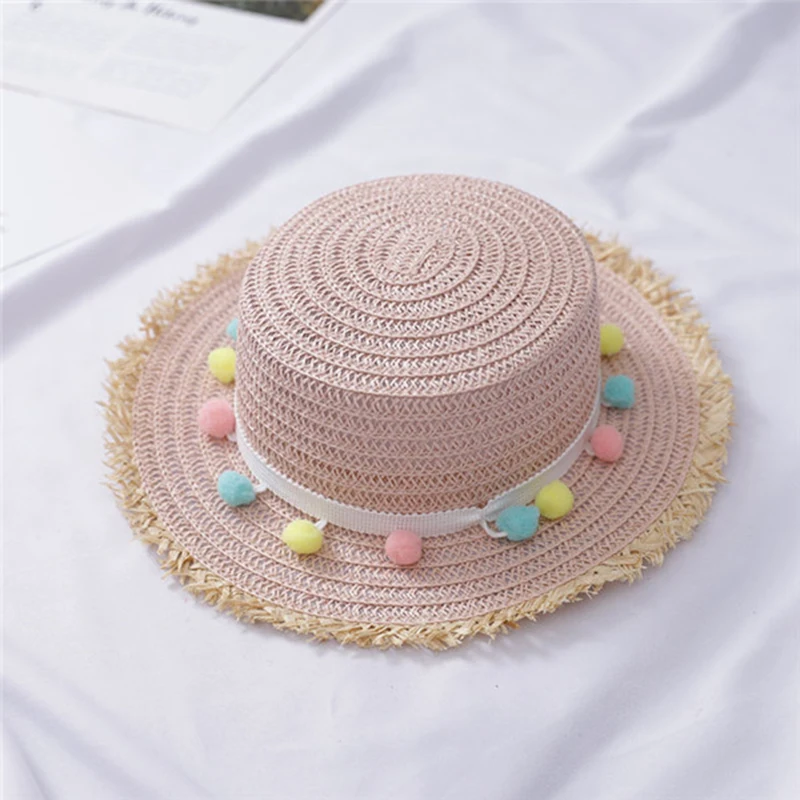 Children Summer Sun Hat Pom Poms Straw 